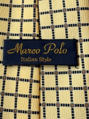 Marco Polo Italian Style Vintage Yellow Geometric Grid Silk Tie 3.75” Wide